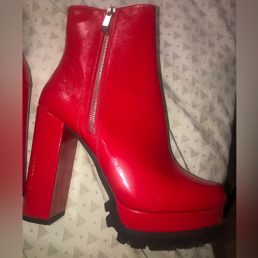Red platform ankle boots